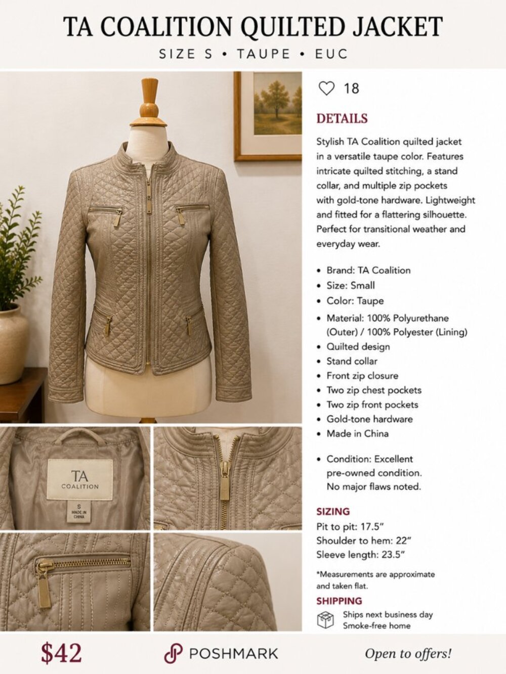 TA Coalition Quilted Jacket | Size XS | Taupe | EUC